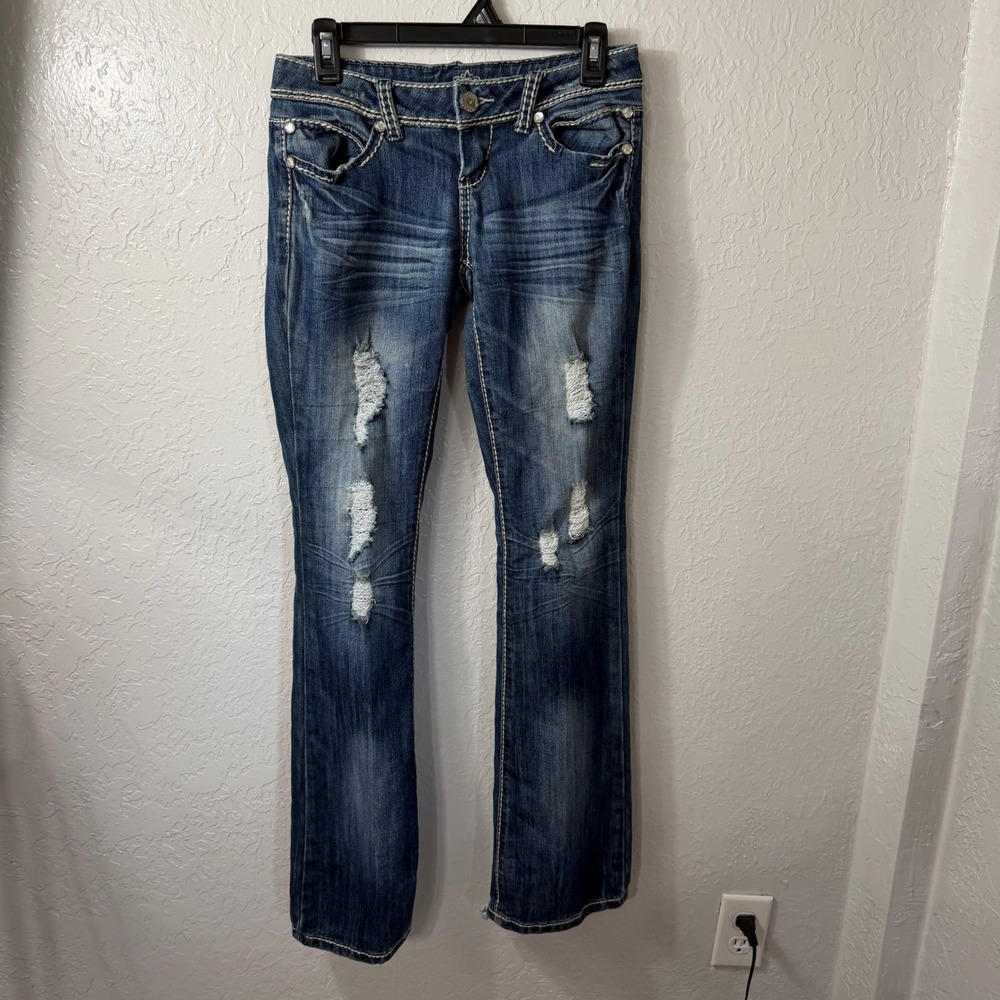 Almost Famous Womens Distressed Bootcut Jeans Medium Wash Rhinestone Y2K Denim